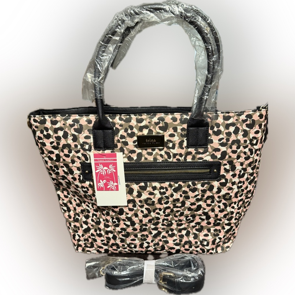 Trina Turk Large Pink, Army Green, White, and Black Leopard Print Tote NWT